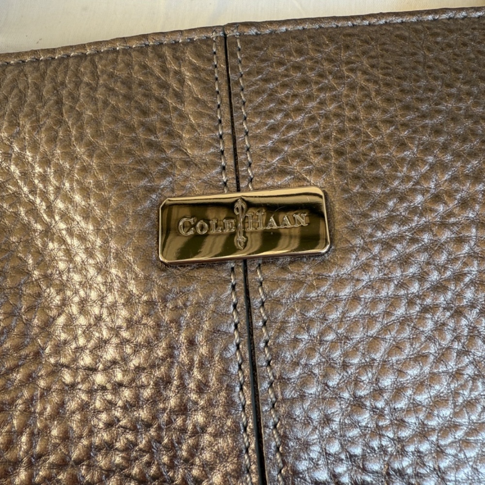 Cole Haan Silver Pewter Pebbled Leather Tote | Original Dust Bag | Teal Lining - Picture 8 of 15